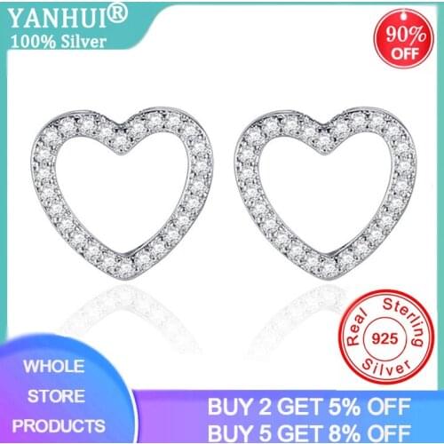 YANHUI Original 925 Silver Prevent Allergy Earrings Zircon Heart Shaped Small Stud Earrings For Women