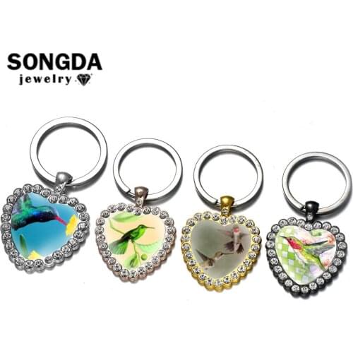 SONGDA Cute Hummingbird Keychain Fashion Animal Jewelry Mini Flying Bird Art Painting Glass Cabochon Keyring for Women Men Gift