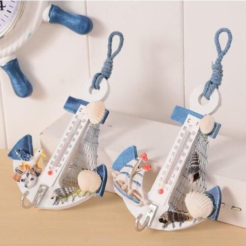 Mediterranean Style Figurine Thermometer Anchor Seashell Wall Hook Wood Ornament Home Room Hanging Decoration Miniature