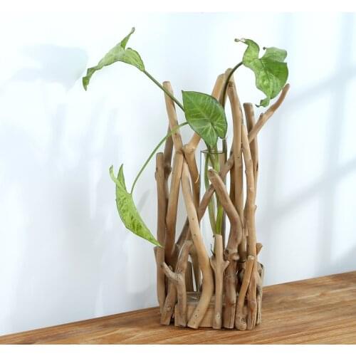 Glass Vase Tube Shape Clear Flower Bottle with Wooden Shelf Wood Stand Hydroponic Glass Container Home Decoration Ornament