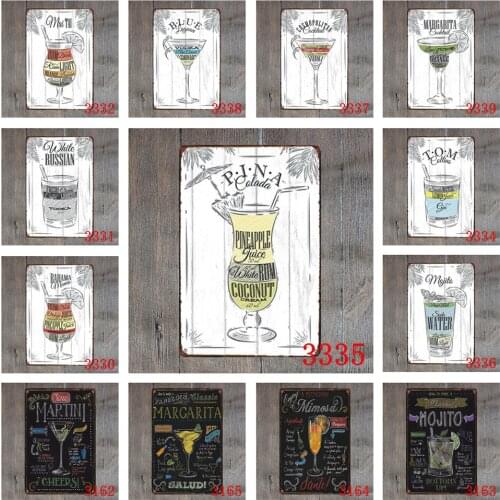 Vintage Metal Signs Variety of Cocktails Martini Mojito Mimosa Bloody Mary White Russian Margarita for Bar Decoration Billboard
