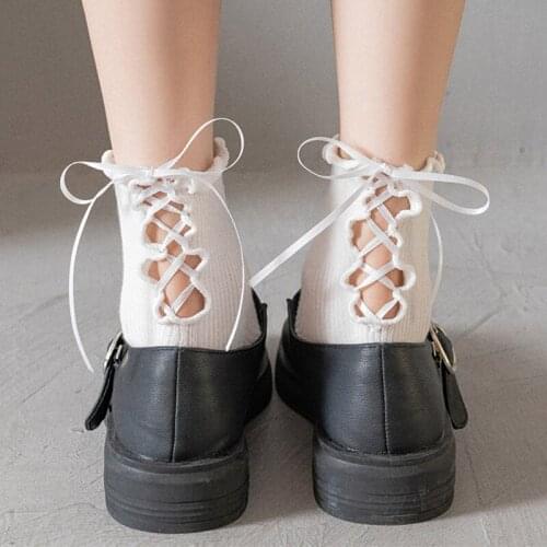 KASURE Japanese Tide Black White Cotton Sox With Long Rope Strap Top Cross Bow Knot Lolita Good Print Heel Fashion Women Socks