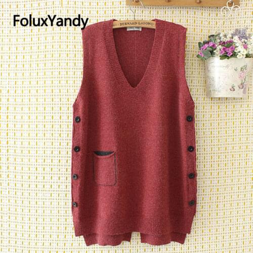 Buttons Knitted Vest Plus Size Women Sleeveless Casual V-neck Vests Red Blue Black KKFY4372