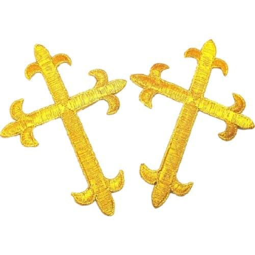Gold Jesus Crosses Embroidery Patches Church Appliqued Lace Trims Iron on 3D Cosplay Costume 7.5*10CM Diy