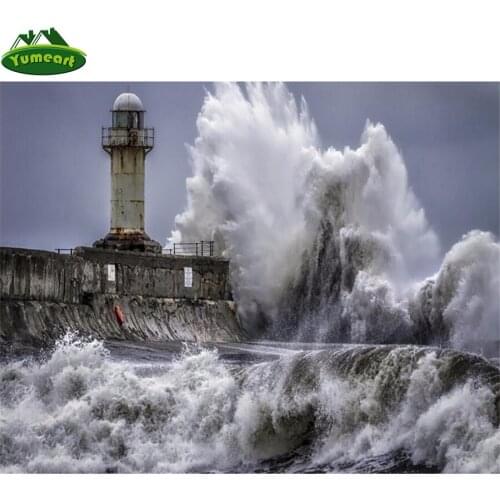 5D Diy Diamond Embroidery By Number ,Landscape Lighthouse Sea Wave Diamond Mosaic Pictures Full Square Diamond Painting Decor