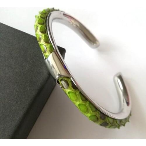 Beichong Genuine Black Python Leather Bracelet with Silver Stainless Steel C Bangle For Watch Bracelet Classic Women Men Gift