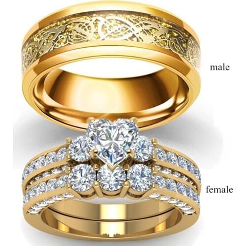 Carofeez Fashion Jewelry Lovers Ring Wedding Gold-Color Women Heart Zircon Rings Set Vintage Dragon Stainless Steel Men Ring