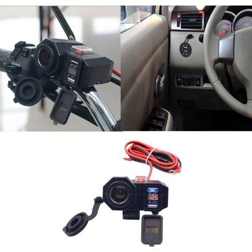 Black Dual USB Charger Motorcycle Cigarette Lighter Socket Outlet With Cigarette Lighter Head 4.2A General LED Voltmeter+Switch