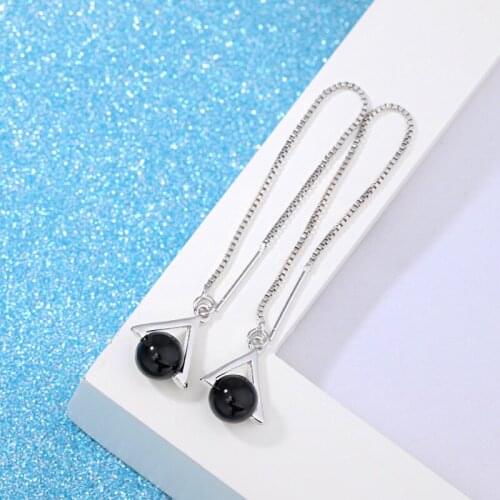 Geometric Triangle Earrings Natural Black Stone Tassel Earrings For Women Drop Earing Fringe Earings Jewelry Wholesale M2325