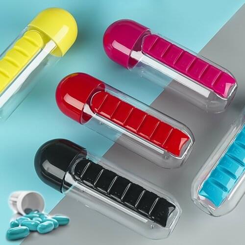 600ml Sports Plastic Water Bottle Combine Daily Pill Boxes Organizer Drinking Bottles Leak-Proof Bottle Tumbler Outdoor