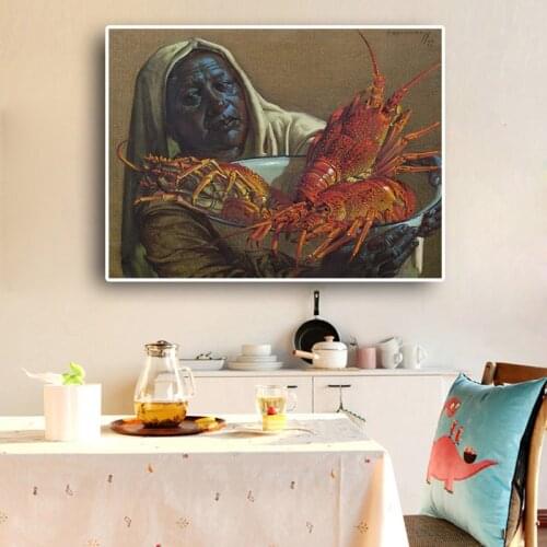 Lady With Crayfish Tretchikoff Reproduction Oil Painting on Canvas Art Posters and Prints Kitchen Wall Picture for Living Room