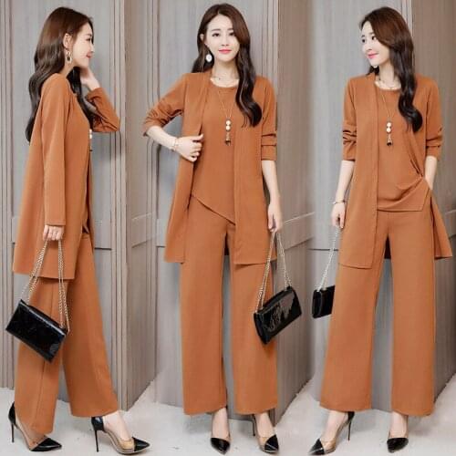 Plus Size Womens Shawl Vest Wide Leg Pants 2020 Spring and Autumn Suit New Loose Long Sleeve Shawl Vest Three-Piece Set