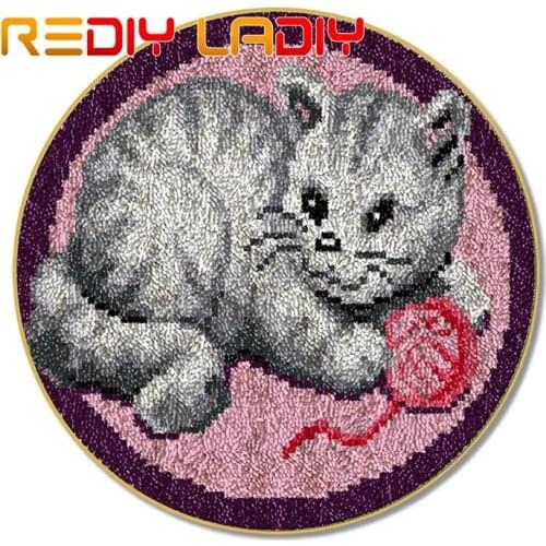 Latch Hook Rug Kit DIY Crocheting Carpet Rug Playing Kitten Acrylic Yarn Printed Canvas Cushion Mat Crochet Wall Tapestry Crafts