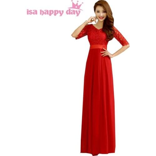 Lace bridesmaid modest red bridemaid dresses with sleeves long elegant dress for party floor-length scoop a women 2020 B1875