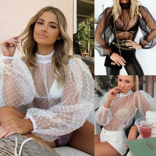 Summer Fashion Women Polka Dot Sheer See-through Beach Cover Ups Sext Female Tops Long Puff Sleeve Beachwear Blouse T Shirts