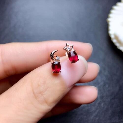 Fashion Lovely star Moon Natural red ruby gem stud earrings S925 silver natural gemstone earrings girl party girl fine jewelry