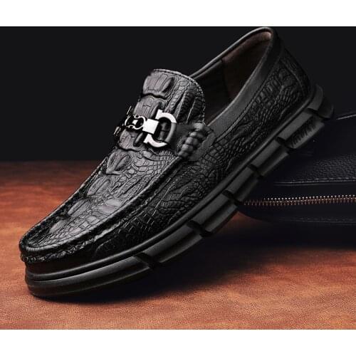 Molosia Mens leather crocodile embossed loafers leather breathable fashion Doudou shoes versatile Korean casual mens shoes