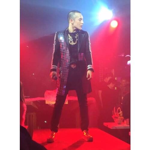 New Fashion Quality Handmade Mens Long design Mirror Palace Suit Jacket NightClub bar Male singer Stage Performant coat