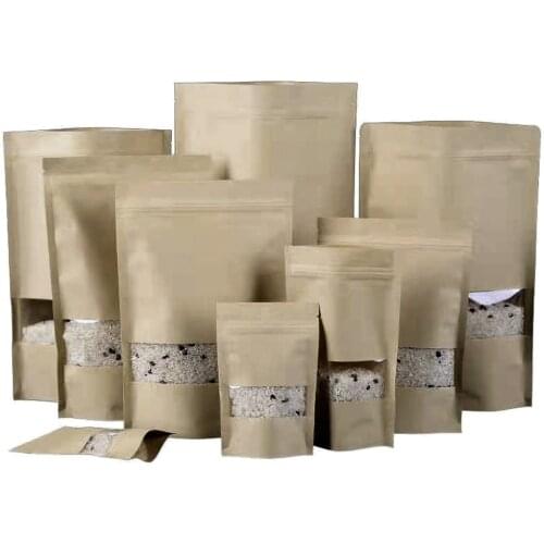 50Pcs/Lot Kraft Paper Zip Lock Stand Up Bag with Clear Window Self Grip Seal Tear Notch Doypack Reusable Reclosable Pack Pouches