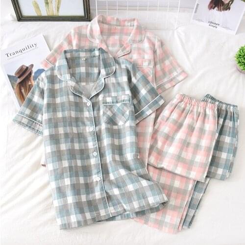 Couple Japanese Style Summer Double Gauze Homewear Woven Cotton Pajamas Short-sleeved Trousers Casual Suit Pyjama Chaud Femme