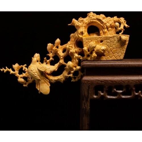 Magpie Flower Bird Chinese Boxwood Wood Carving Statue Sculpture