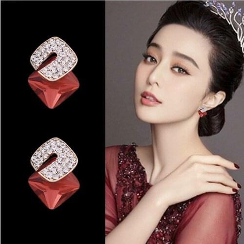 Luxury Austrian Crystal Square Ear Clip on Earrings for Women Without Piercing Ear Cuff No Ear Hole Wedding Party Jewelry