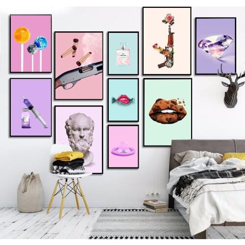 Nordic Abstract Sculp Candy Cookie Lips Canvas Poster Flower Lipstick Gun Wall Art Lollipops Prints Pictures Bedroom Home Decor