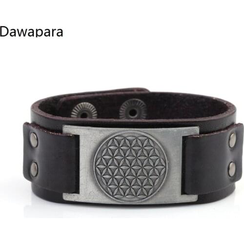 Dawapara Wicca Antique Silvery Gothic Flower Of Life Sigil Enochian Mens Genuine Leather Bracelet