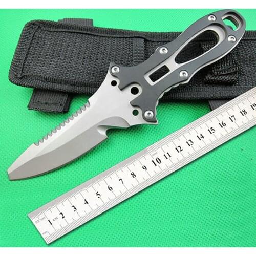 Super classic survival diving knife fixed blade Sharp blade cut the rope hook back serrate nylon sheathed with the rope
