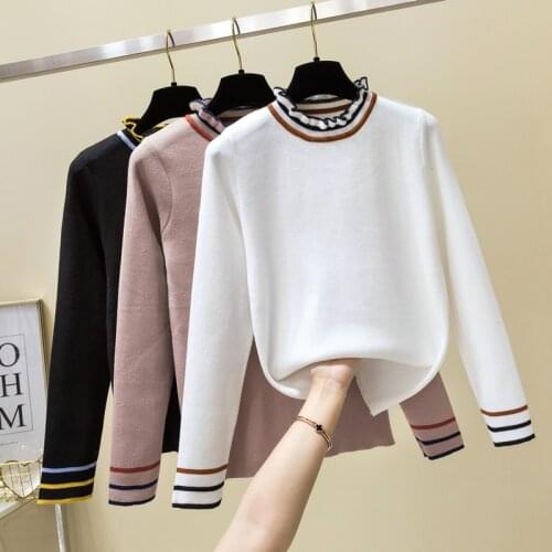 New Autumn Winter Mock Turtleneck Womens Sweaters Fashion Ruffled Collar Stripe Woman Sweaters Slim Fit Casual Lady Sweaters