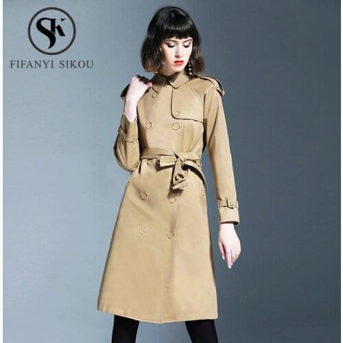 Classic Double Breasted Trench coat Women Metal buttons Fashion High quality Waterproof Long Trench coat Lady Business Outerwear