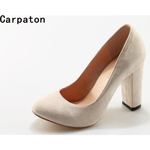 Carpaton women beige high heel shoes round toe high thick heel shoes sxey pumps ladies slip on cusual shoes suede stilettos