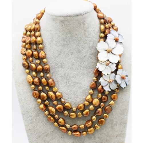 WOW! 4rows freshwater pearl brown baroque 8-13mm necklace 17-19inch nature wholesale FPPJ