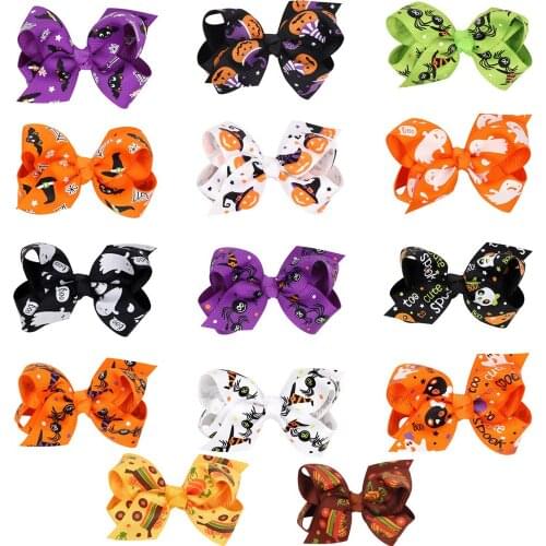 Yundfly 1 PCS 3.2" Fashion Children Halloween Day Bowknot Hairpin Baby Girls Ribbon Bows Barrette Hair Clip Gift