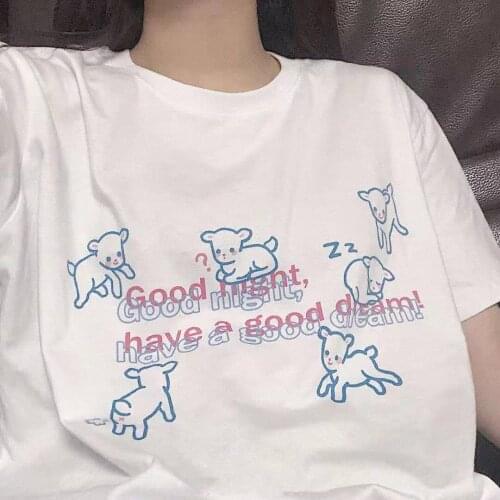 Womans T-Shirt Summer Cartoon Print Short-Sleeved Solid Color Round Neck Pullover Loose Casual Women Top
