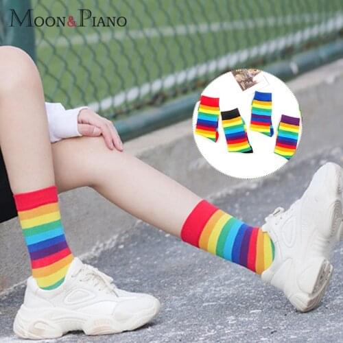 Rainbow Stripes Women Socks Fashion Vitality European and American Colorful College Style Ladies Cotton Sock Soft Comfortable