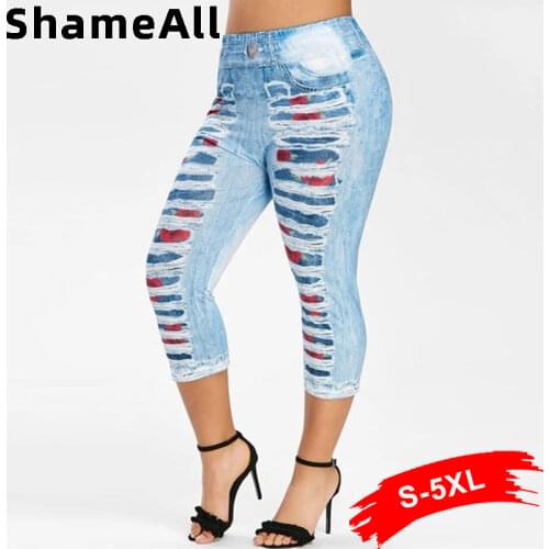 Plus Size Ripped Patchworked High Waist Leggings Fitness 4XL High Waist Fake Jean Calf Length Legging Sweatpants Yoga Capris