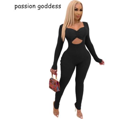 2020 Spring Autumn Plus Size Sexy One Piece Bodycon Jumpsuit Women Rompers Long Sleeve Hollow Out Skinny Bodysuit Black Overalls