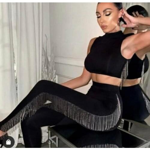 2021 Babatique Summer New Fashion Women Two Piece Set Hollow Out Zipper Diamond Tassels Crop Top And Pants Streetwear Outfit