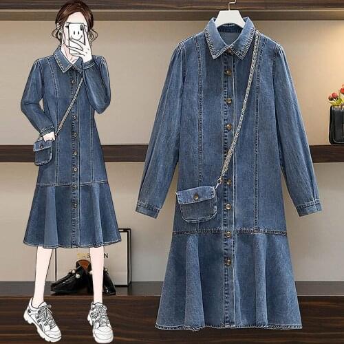 Retro Plus Size Long Sleeve Dresses 2021 Fall New Fashion Design Lapel Casual Denim Dress Ladies Wild Loose Fishtail Dress e339