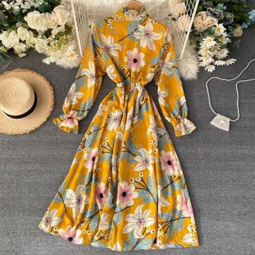 2020 New Fall Floral Print Chiffon Dress Vintage Midi Long Elastic Waist Long Sleeve Elegant Party Ladies Dresses Vestidos