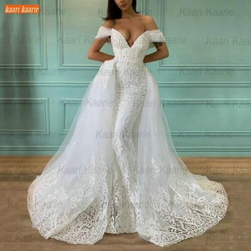 New White Mermaid Wedding Dress Off Shoulder 2021 robe de mariee Slim fit Lace Up Bride Dresses WomenDetachable Train trouwjurk