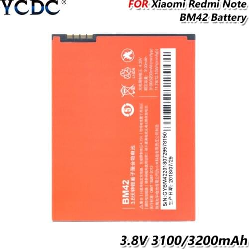 YCDC 1PC Rechargeable 3.8V 3100/3200mAh BM42 BM 42 Lithium Li-ion Rechargeable Battery For Xiaomi Redmi Note (Hongmi Note)