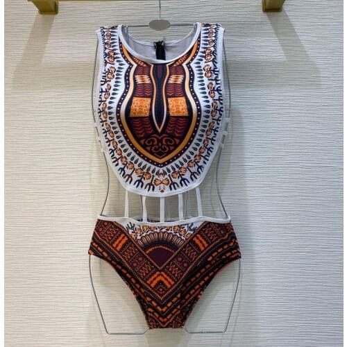 2021 women Summer Beach boho Ethnic vintage printed Bodysuits Sexy expose waist Rompers swimsuit one-piece suit y416