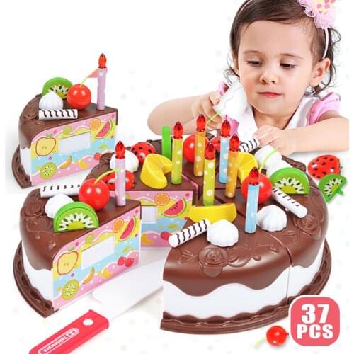 37pcs Pretend Cutting Play Cake Food Kids Toy Set Birthday Cake with Candle Knife Strawberry and Chocolate Bar for Boys & Girls
