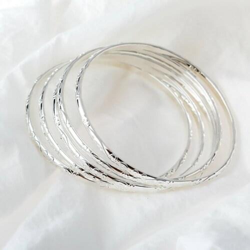 5Pcs/Set Silver Color Carving Flower Pattern Circle Simple Bracelet Bangle For Women Jewelry Accessories