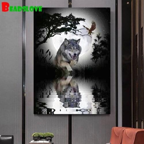 Wolf reflection moon night landscape diamond painting cross stitch 5d diy full square round diamond embroidery mosaic decor art