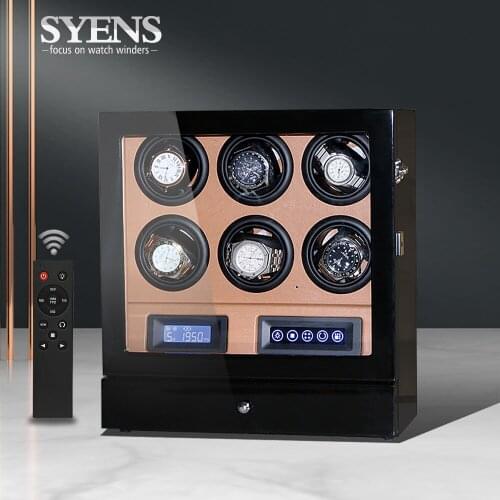 Watch winder rotation 6 automatic watch winding box with LCD control and TPD mode watchwinder Made by Black gloss w Brown PU