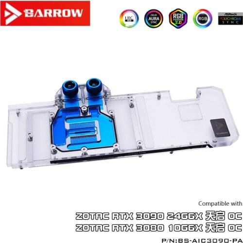 Barrow 3090 3080 GPU Water Block for ZOTAC RTX 3090/3080 TQ OC, Full Cover ARGB GPU Cooler, BS-AIC3090-PA