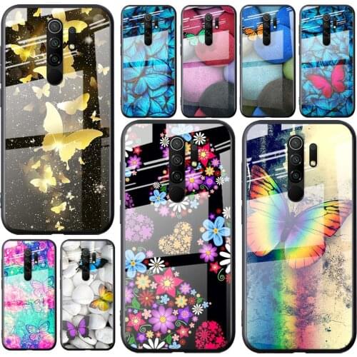 Tempered Glass Cover Colorful Butterfly For Xiaomi Redmi K40 K30 K20 9T 9C 9A 9 8A 7 Pro Plus Phone Case Shell
